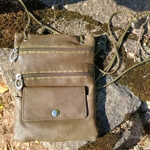 Super SOFT genuine olive green leather crossbody bag w adjustable shoestring